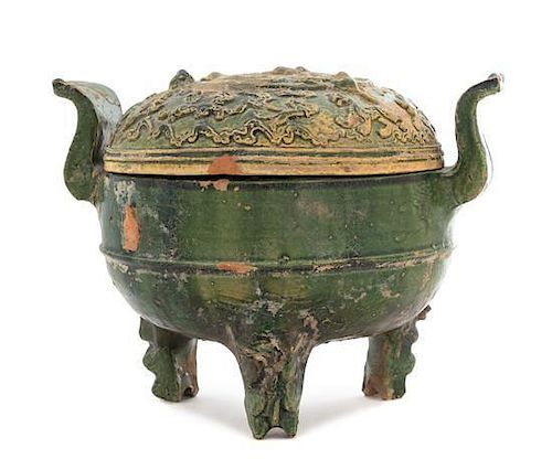 * A Chinese Green Glazed Pottery Ding Height 7 1/2 inches. 綠釉陶鼎，汉，高7.5英吋