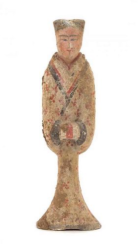 * A Chinese Painted Pottery Figure of a Female Attendant Height 17 inches. 彩繪陶女俑立像，汉，高17英吋