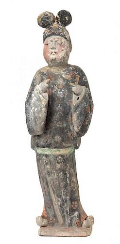 A Polychrome Painted Pottery Figure of a Fat Lady Height 18 1/2 inches. 彩繪陶仕女立像，唐，高18.5英吋