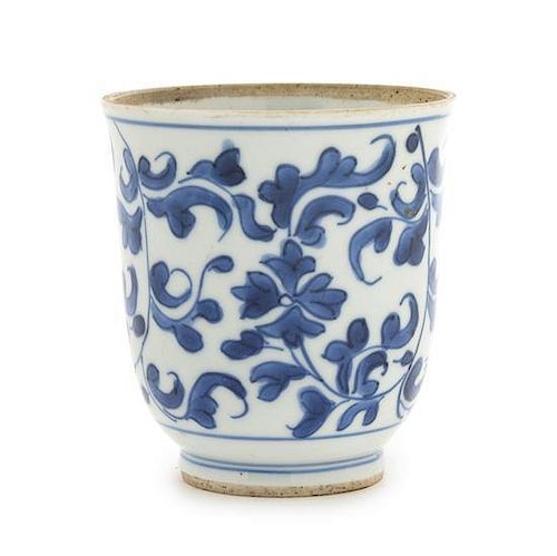 A Chinese Blue and White Porcelain Cup Diameter 2 7/8 inches. 青花卷草紋盃，口徑2.875英吋