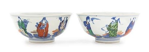 A Pair of Chinese Wucai Porcelain Bowls Diameter 5 5/8 inches. 青花五彩八仙過海紋碗一對，直徑5.625英吋