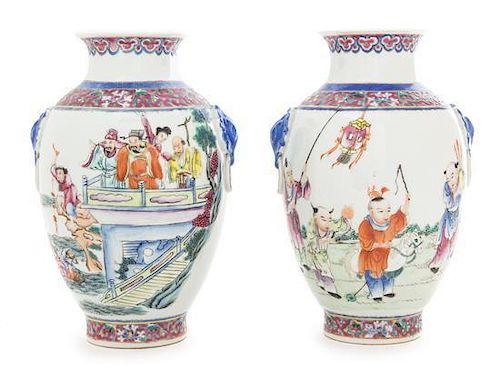 Two Chinese Famille Rose Porcelain Vases Height 7 3/4 inches. 粉彩人物圖瓶兩件，20世纪初，高7.75英吋