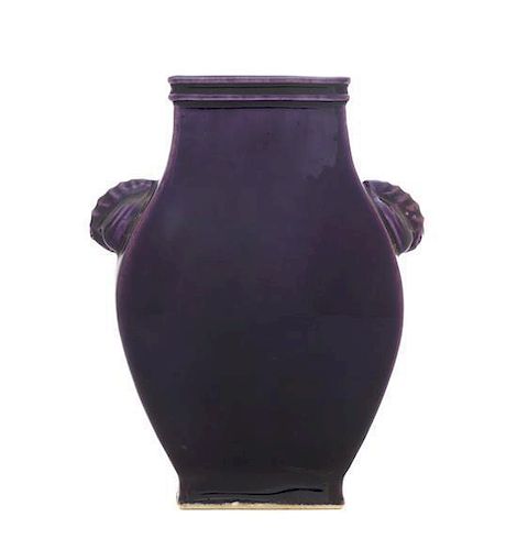A Small Chinese Aubergine Glazed Porcelain Vase, Fanghu Height 6 inches. 紫釉雙蝠耳小方壺，或18世紀，高6英吋