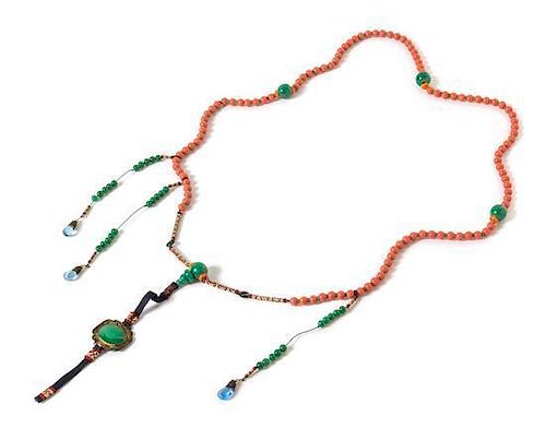 A Chinese Plastic Immitating Red Coral Court Necklace Length 33 inches.