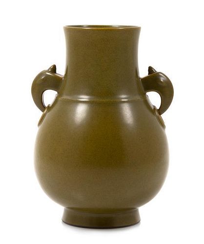 A Teadust Glazed Porcelain Zun Vase Height 8 inches. 茶叶釉雙耳尊，高8英吋