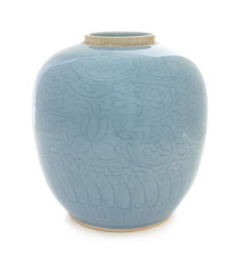 A Clair-de-Lune Porcelain Ginger Jar Height 8 1/2 inches. 天藍釉暗刻花紋罐，高8.5英吋