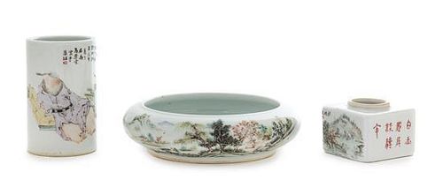 Three Polychrome Enameled Porcelain Scholar's Articles Diameter of largest 7 1/2 inches. 淺絳彩文房用品三件，最大直徑7.5英吋