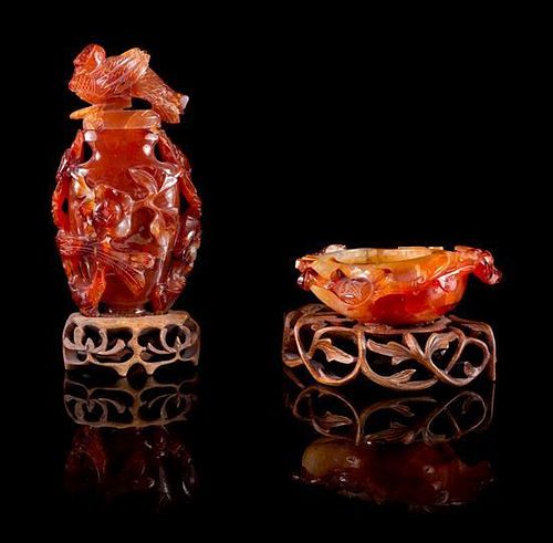 Two Carnelian Agate Articles Heigh of taller 5 inches. 红玛瑙雕花瓶及水洗，最高5英吋