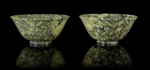 * A Small Pair of Spinach Jade Bowls Diameter of each 4 inches. 碧玉碗一對，口徑4英吋