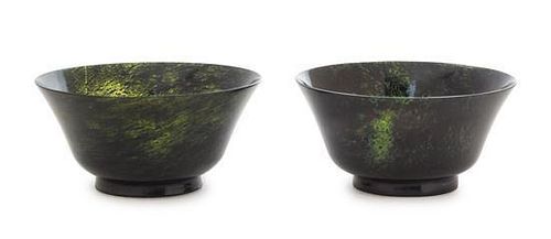 * A Pair of Spinach Jade Bowls Diameter of each 5 1/4 inches. 碧玉碗一對，口徑5.25英吋