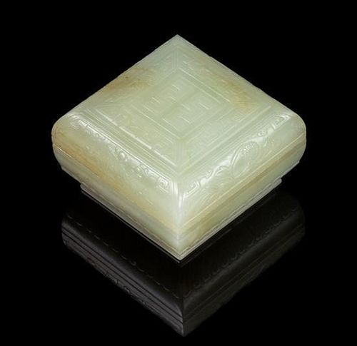 A Jade Box and Cover Length 2 x width 2 x depth 1 1/4 inches. 青玉方形蓋盒，長2x寬2x深1.25英吋