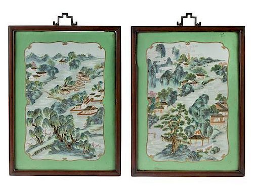 A Pair of Famille Rose Porcelain Plaques 20 3/4 x 15 inches. 綠地扎道粉彩開光山水圖瓷板一對，清，高20.75英吋，寬15英吋
