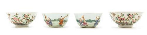 Two Pairs of Famille Rose Porcelain Cups Diameter of larger 4 inches. 粉彩人物花鸟圖碗兩對，較大直径4英吋