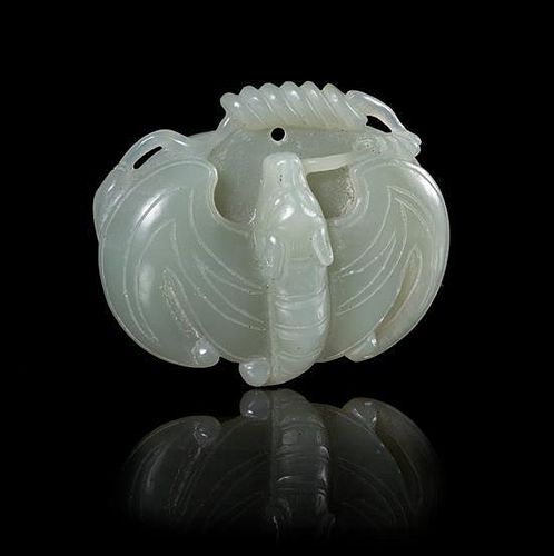 A Celadon Jade Toggle Lenght 2 1/4 inches. 青玉雕蝙蝠珮，長2.25英吋