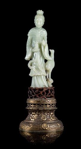 A Celadon Jade Figure of Guanyin Height of figure 9 3/4 inches. 青玉雕觀音立像， 19/20世紀，高9.75英吋