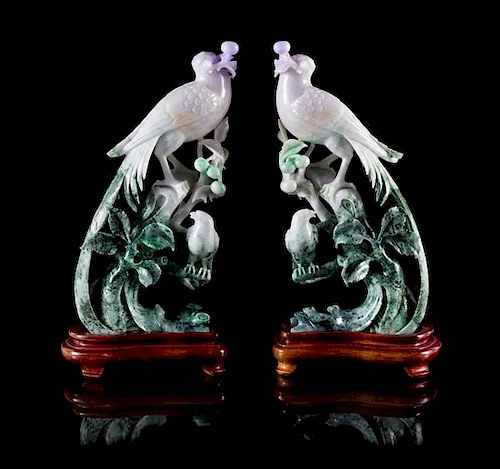 A Pair of Jadeite Figural Groups Height 12 1/2 inches. 翡翠鳳凰銜芝擺件一對，高12.5英吋