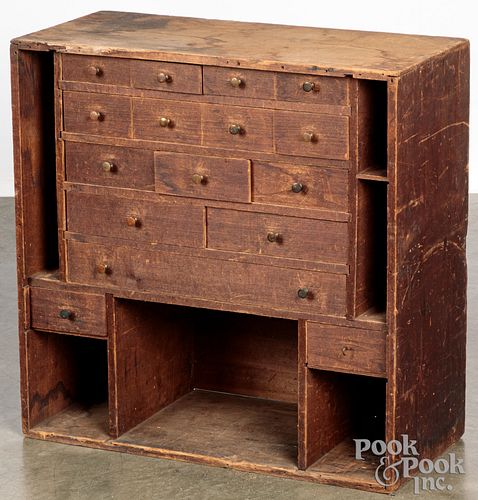 Primitive pine hanging cubby hole cabinet, 19th c.