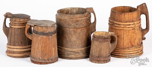 Five Continental wooden mugs and tankards, 19th c.
