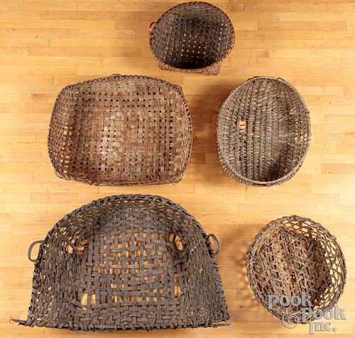 Five large splint gathering and drying baskets