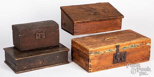 Four primitive pine boxes, 19th/20th c.