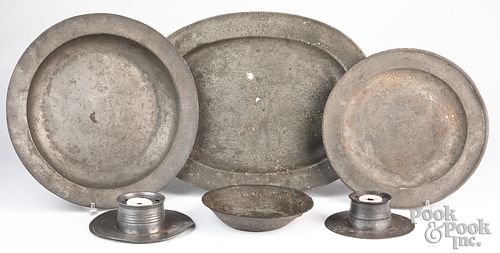 Six pieces of miscellaneous pewter, 19th c.