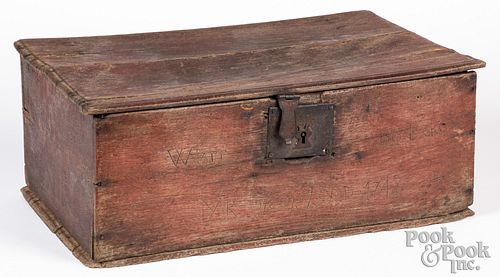 Stained oak valuables box, 18th c.