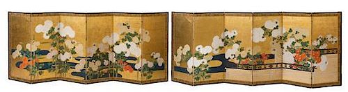 * Two Japanese Six-Fold Screens Height of each panel 40 x width 17 inches.