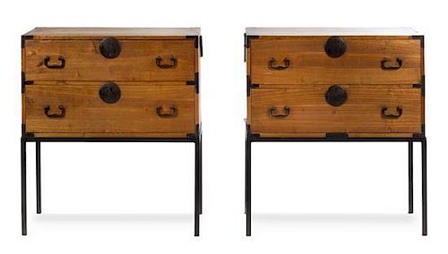 A Pair of Iron Mounted Tansu Chests on Stands Height 4 01/2 x width 35 1/ x depth 16 3/8 inches.