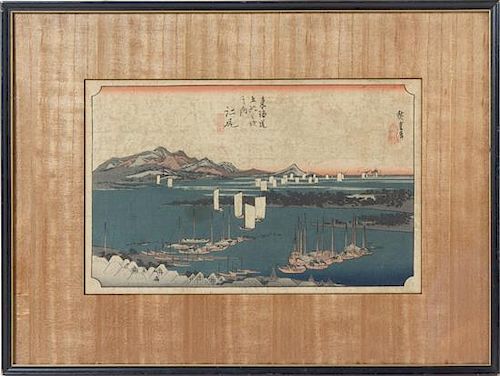 Utagawa Hiroshige, (1797-1858), depicting boats on a river.