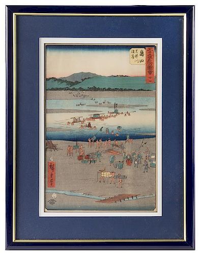 * Utagawa Hiroshige, (Japanese, 1797-1858), The Suruga Bank of the Oi River near Shimada from the series Pictures of the Famous