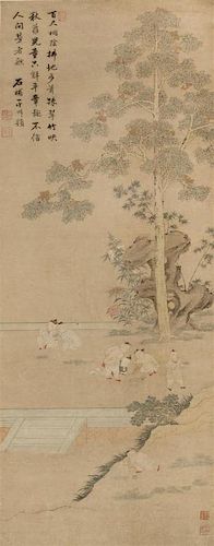 * An Ink and Color Painting on Paper Scroll, QING DYNASTY, 17TH/18TH CENTURY, depicting playful children under trees in a garden 無款，清17/18世