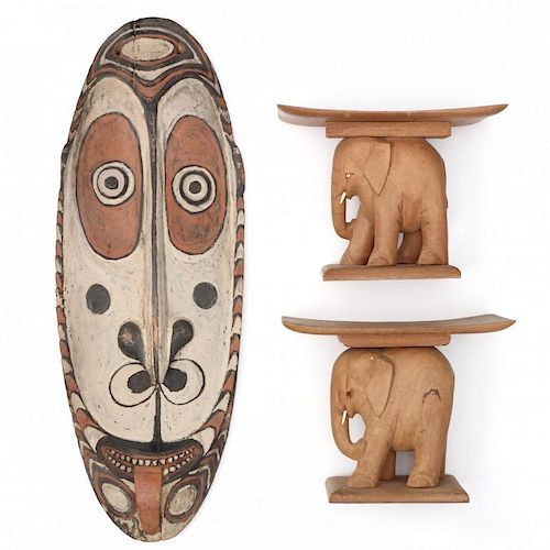 Pair of Wooden African Elephant Benches and Decorative Shield