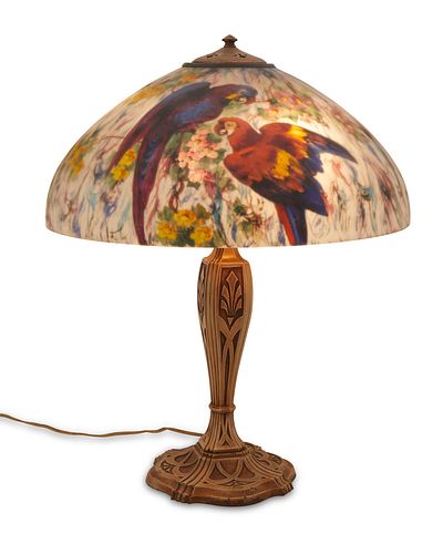 A Handel reverse-painted glass "Parrot" table lamp