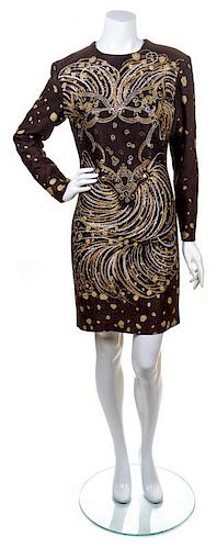 A Zandra Rhodes Brown and Metallic Painted Long Sleeve Dress, Size 8.