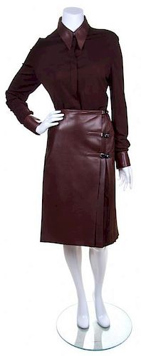 An Hermes Brown Leather Skirt Ensemble, Skirt size 38.