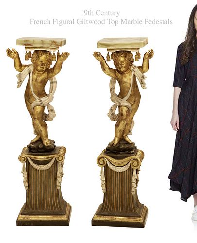 A Pair Of 19th C. French Carved Giltwood Top Marble Figural Pedestals 