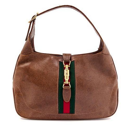 A Gucci Brown Leather Jackie Handbag, 12.5" x 8" x 1.5".
