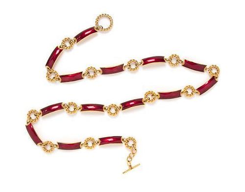 A Gucci Goldtone and Red Enamel Link Belt, 40" x .25".