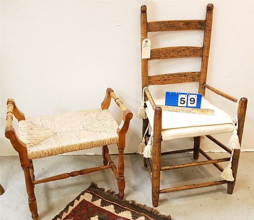 19TH C LADDER BACK CHAIR AND RUSH SEAT BENCH 20"H X 21 1/2"W X 13 1/2"D
