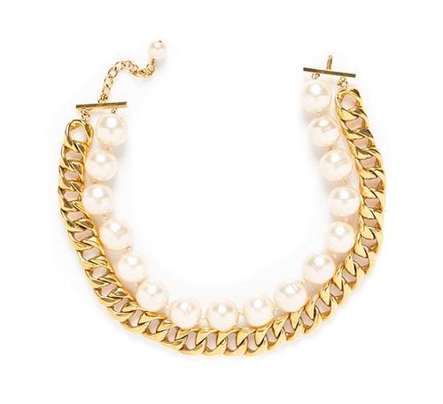 A Chanel Goldtone Link and Faux Pearl Double Strand Choker, 19" x .75".