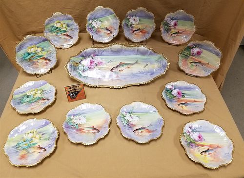 TRAY SET 12 LIMOGES FISH PLATES 9 1/2" AND PLATTER 2 1/2"H X 24"L X 10 1/2"W