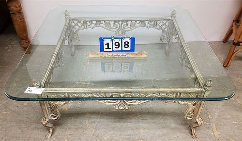 CAST IRON BASE GLASS TOP COFFEE TABLE 16"H X 40" SQ