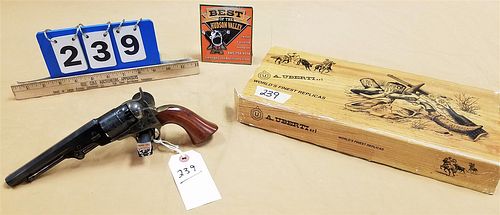 UBERTI BLACK POWDER REVOLVER PISTOL-REPLICA OF 1862 NAVY .36 CAL 5 1/2" BBL CAP AND BALL, ENGRAVED CYLINDER, BRASS FRAME IN ORIG BX