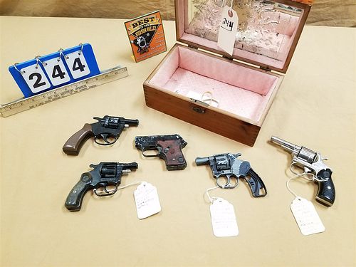 WOODEN DOVE TAILED BOX W/5 STARTED PISTOLS- VARYING CONDITION- ALL HAVE BLOCKED/VENTED BBLS