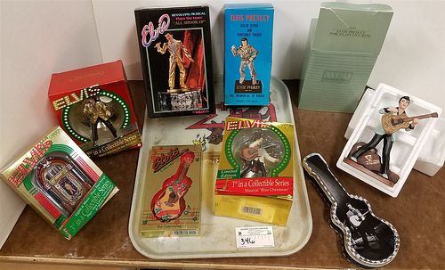 TRAY BXD ELVIS' ITEMS- ENESCO REVOLVING MUSICAL FIGURAL FIGURAL BLUE CHRISTMAS AND SANTA BRING MY BABY BACK ETC