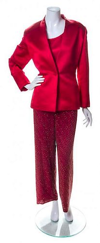 A Bill Blass Red Silk and Beaded Pant Ensemble, Size 14.