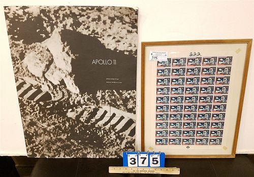 1969 PORTFOLIO OF 6 NASA PHOTOS OF APOLLO 11 MISSION PRINTED BY THE PRESS OF A. COLISH 26" X 20" & FRAMED SHEET OF GRENADA 1/2C STAMPS