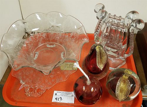 TRAY GLASS LYRE PR. BOOK ENDS 7-1/2"H X 5"W ART GLASS APPLE & PEAR, ETCHED BOWL & SERVING TRAY