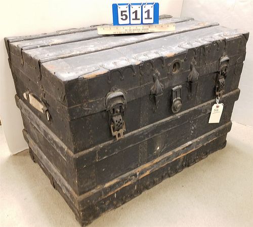 TRUNK W/ARTS AND CRAFTS, BRONZE CANDLESTICKS AND CHROME TOWEL RACK ETC.