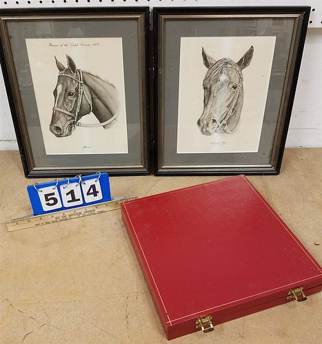 BX 2 FRAMED HORSE PRINTS BY JACK TUNEY & BX'D CARTIER PEWTER TRAY